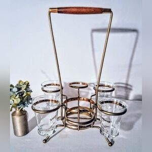 MCM Atomic Era Glass Caddy - Teakwood Handle - 5 Anchor Hocking Included